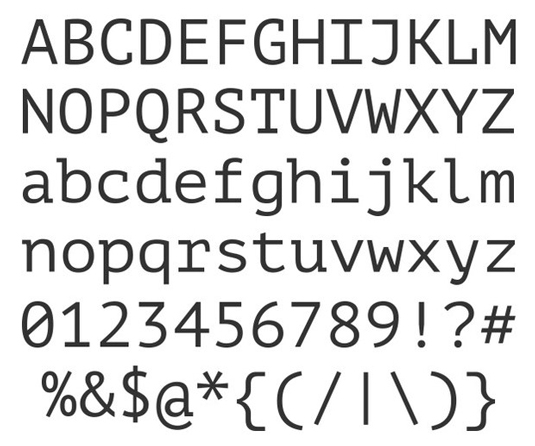 A serif typeface font sample for PT mono and is best used in tables, spreads and worksheets